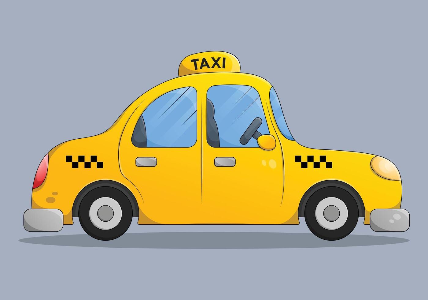 Side view flat yellow cartoon taxi car. Taxi service public. Transport vehicle illustration. vector