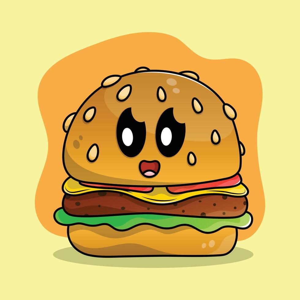 Adorable cheeseburger with tomato, lettuce, meat, and cheese between buns. Happy hamburger character illustration. vector