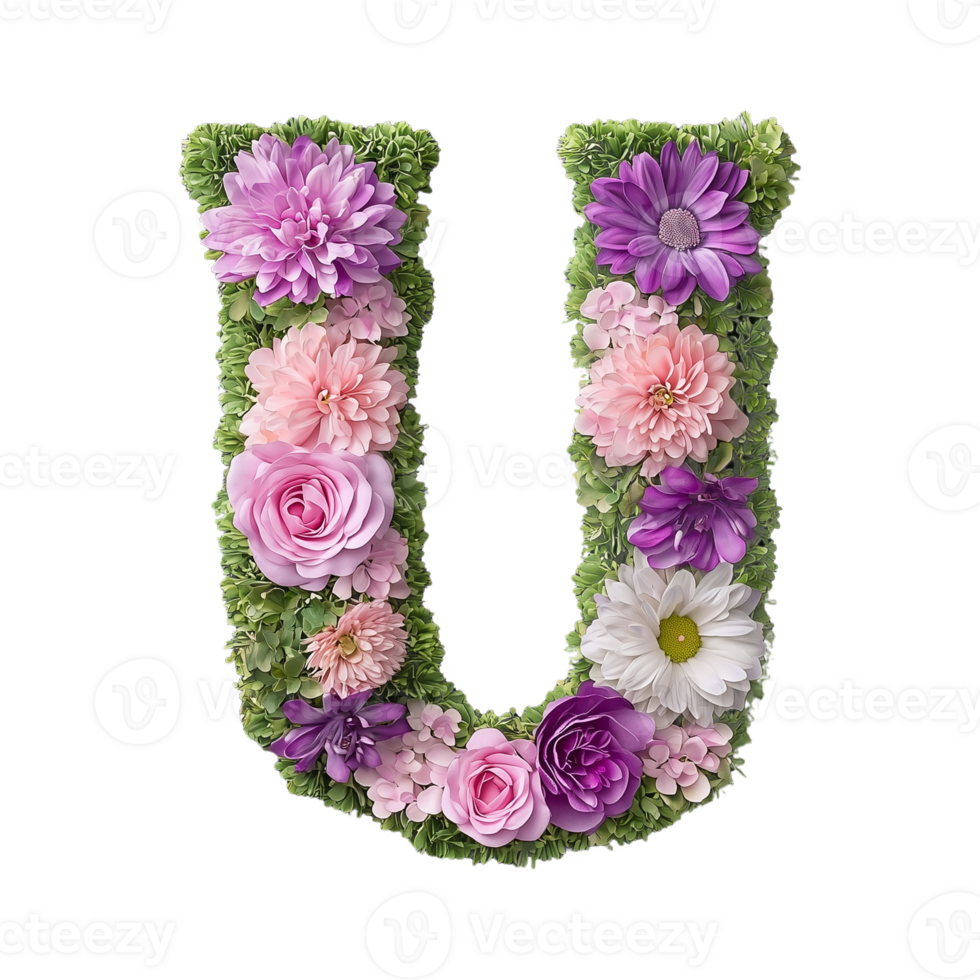 Floral letter U design with assorted flowers on transparent background png