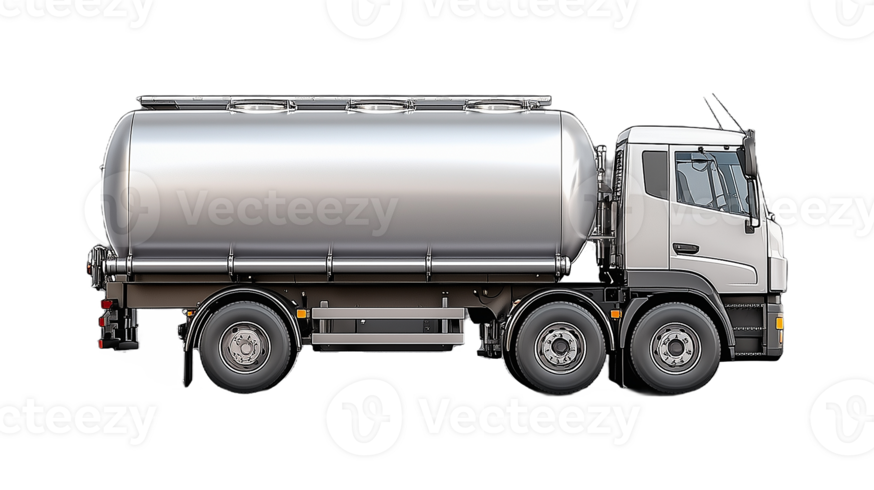 Silver tanker truck side view with detailed features on transparent background png