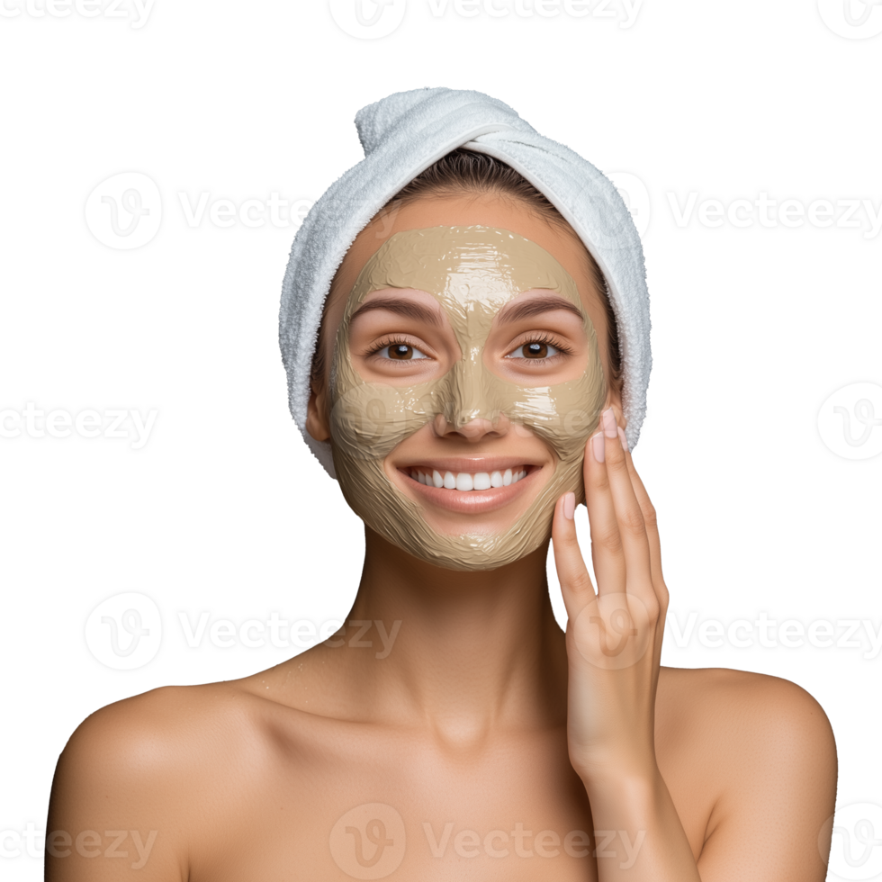 Woman applying facial mask with towel on head smiling on transparent background png