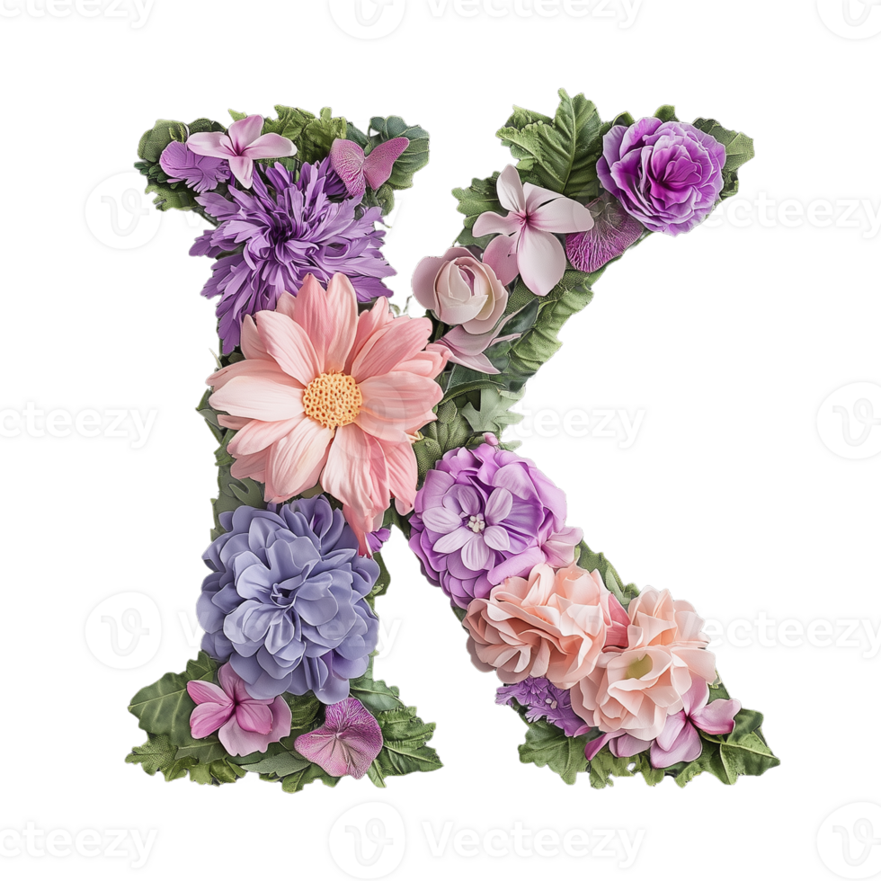 Floral letter K composed of colorful flowers on transparent background png