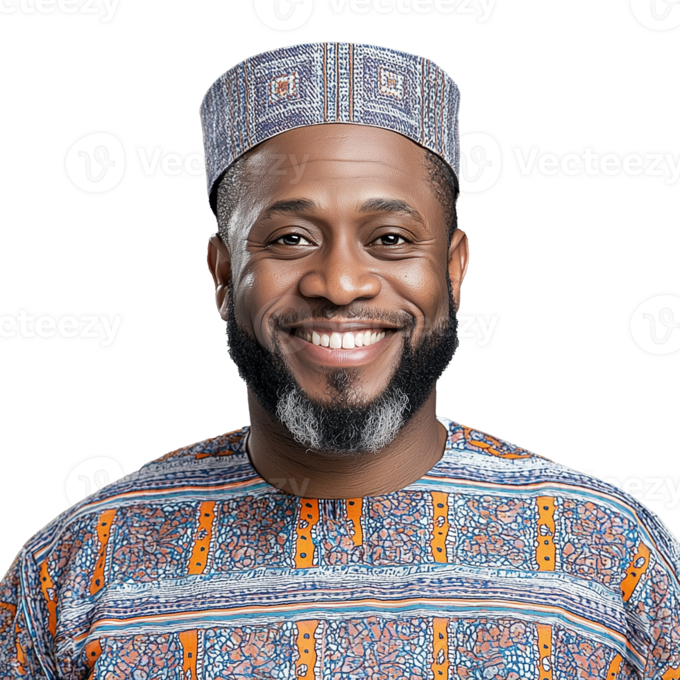 Smiling man wearing traditional attire with patterned fabric on transparent background png