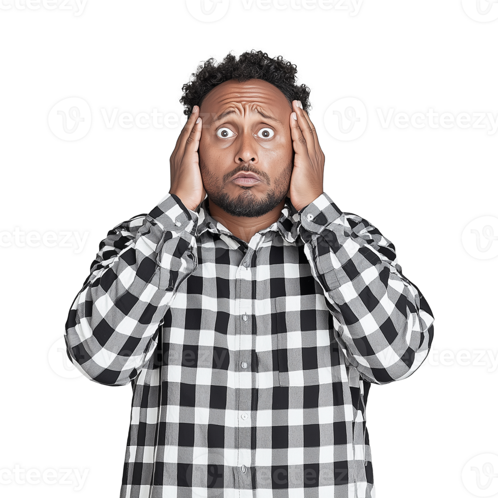 Man with shocked expression holding his head in disbelief on transparent background png