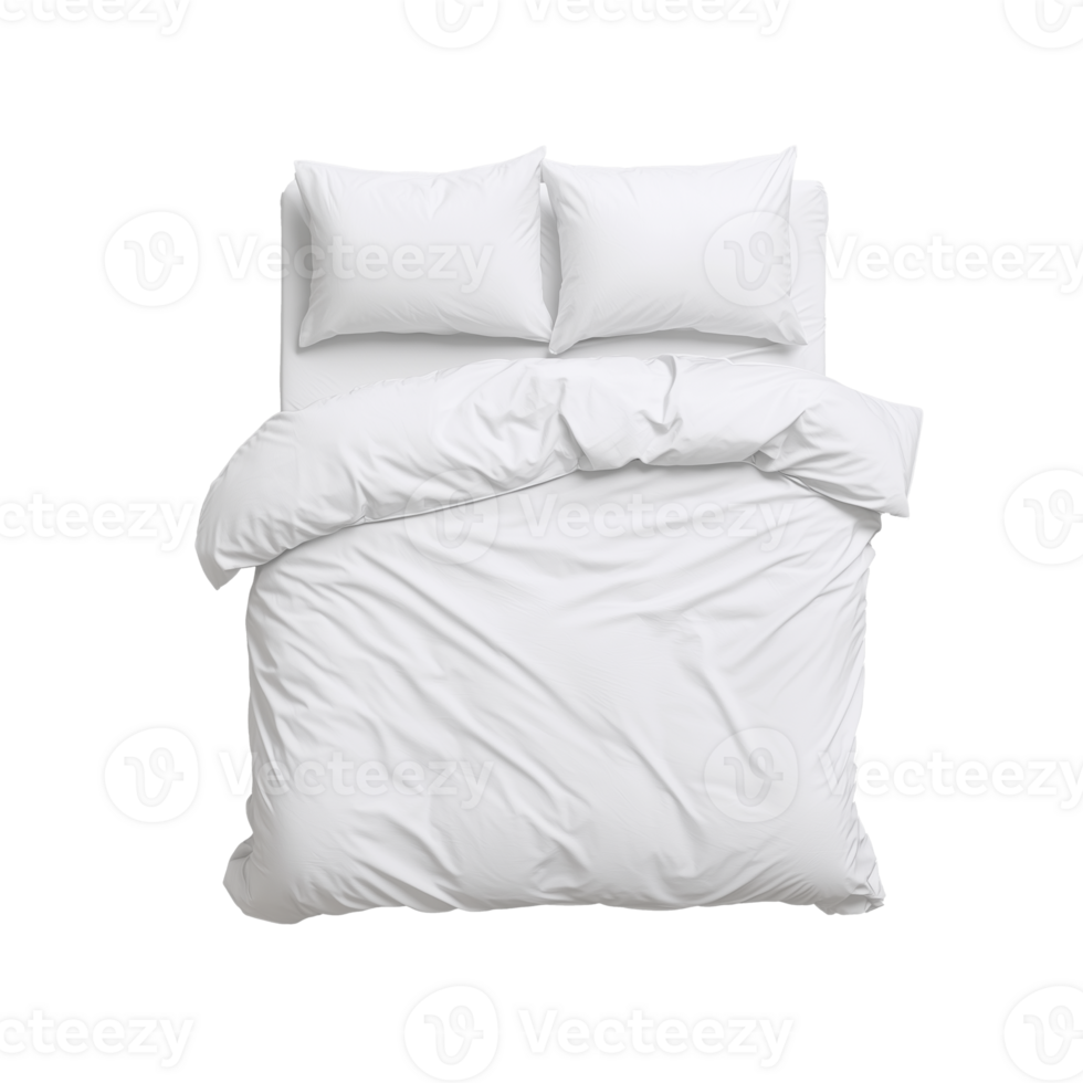 Soft white bedding set with pillows and duvet on transparent background png
