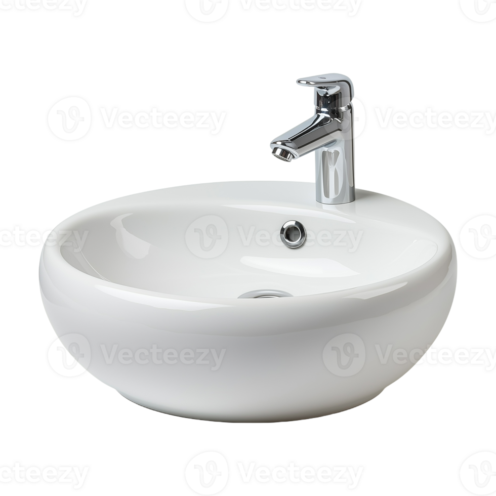 Modern round bathroom sink with chrome faucet on transparent background png