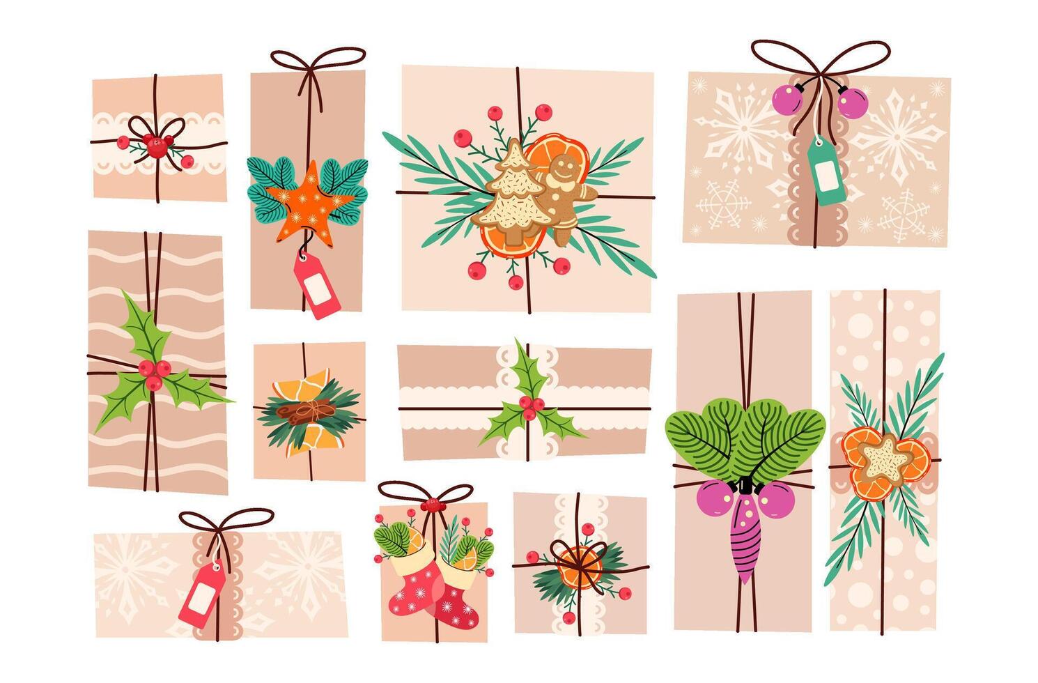 Christmas gifts in kraft paper boxes set. DIY rustic presents with craft wrapping, twine bows, branches. Decorated Christmas cookies, orange and holly. Winter festive background. illustration. vector