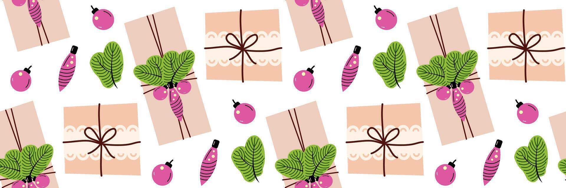 Wrapping paper crafted from handmade paper. Christmas motif. Rustic gift box decoration toys, spruce, and berries. Preparing for the New Year festivities. Winter pattern. flat illustration. vector