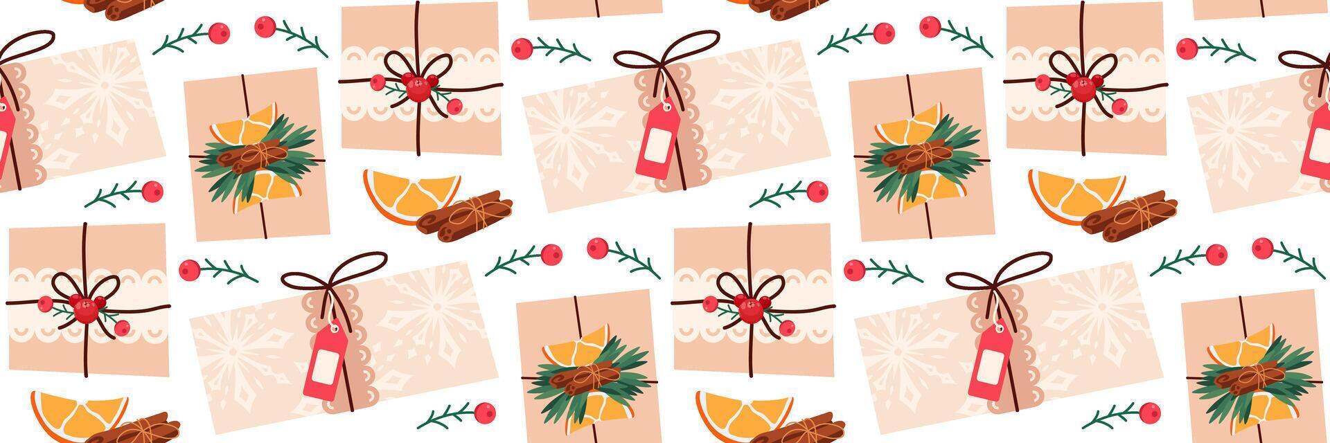 Christmas gifts in kraft paper Pattern. DIY rustic present boxes in craft wrappings with twine bows and branches. Decorated orange slices, berry and cinnamon. Winter festive background. Illustration. vector