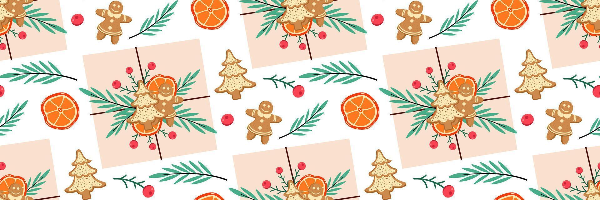 Christmas seamless Pattern. Gift in craft paper Decorated with orange slices, ginger cookies, berry. Christmas motif background. Rustic gift box for New Year. Winter pattern. flat illustration. vector