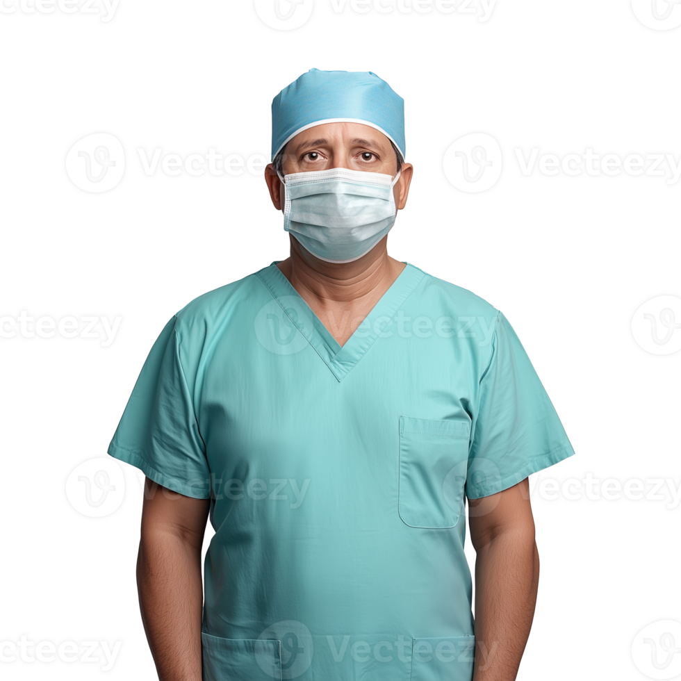 Surgeon wearing scrubs and mask looking directly at camera on transparent background png