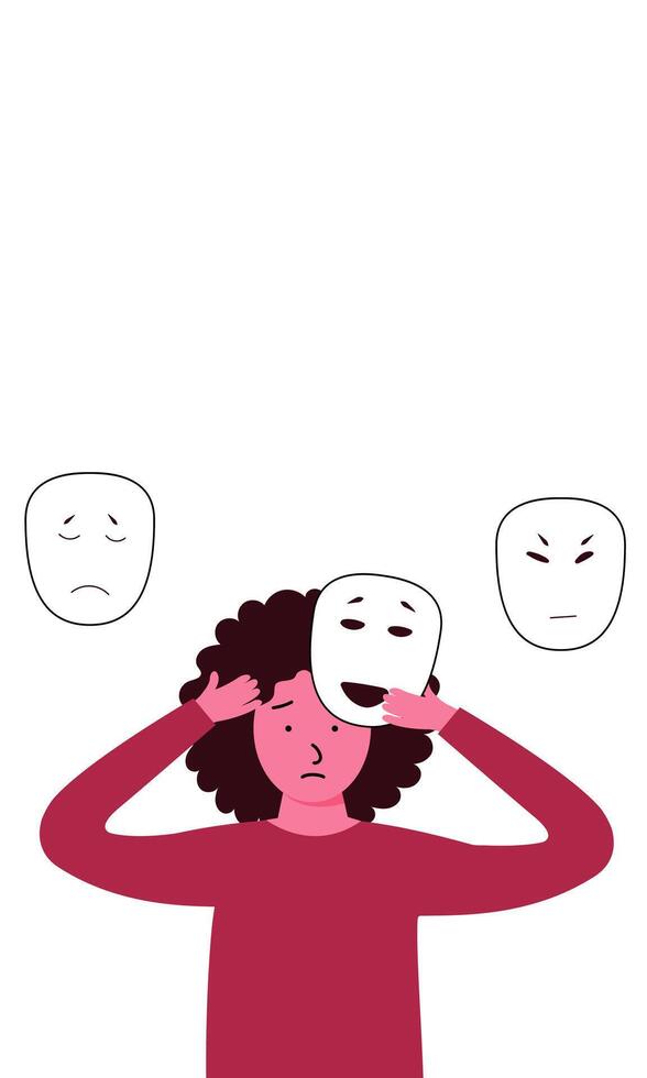 A woman is holding three masks over her head vector