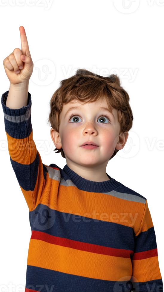 Young boy pointing upwards with curious expression on transparent background png