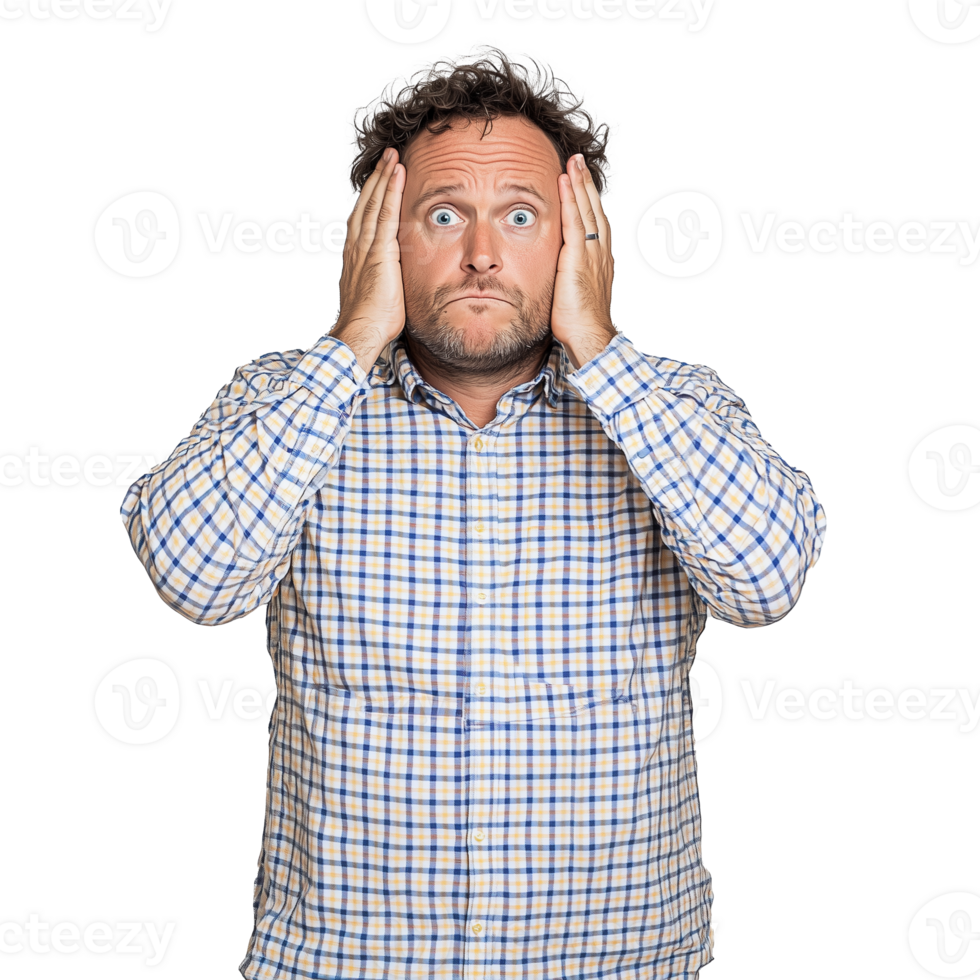 Man expressing surprise and confusion with hands on head on transparent background png