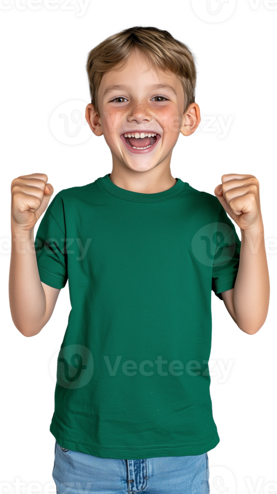 Happy young boy celebrating with raised fists on transparent background png
