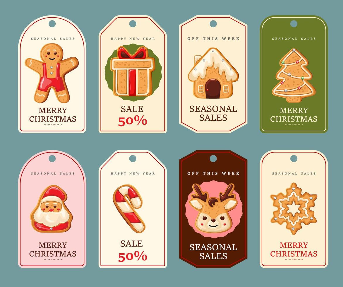 Christmas tags set with typography. Design of Xmas hanging badges. Winter holidays greeting labels vector