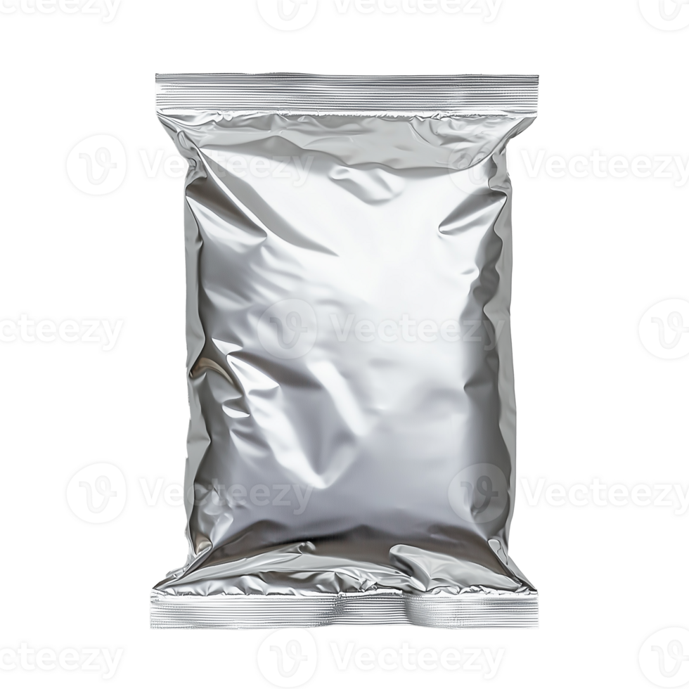 Silver foil packaging bag with crumpled texture on transparent background png