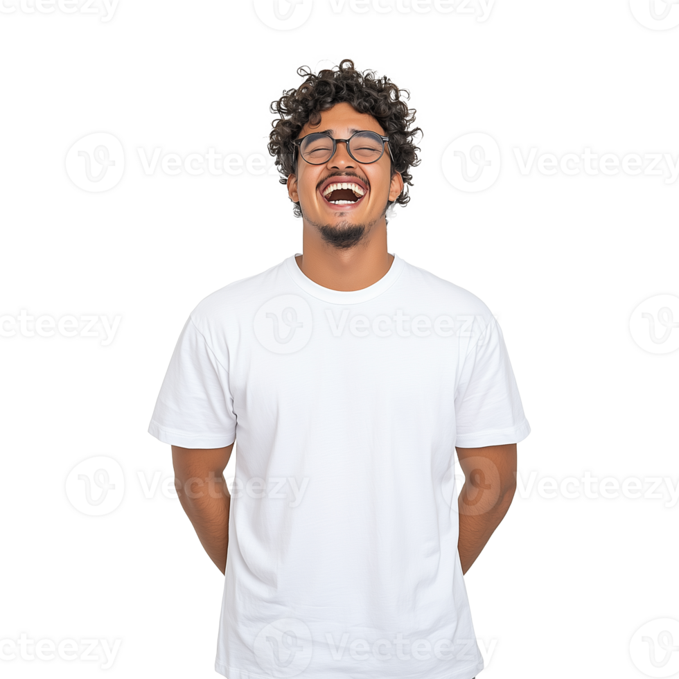 Happy young man laughing joyfully with glasses on transparent background png