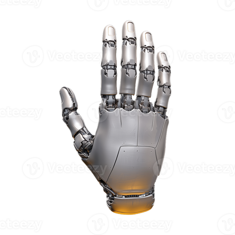 Robotic hand with intricate mechanical design and articulated fingers on transparent background png