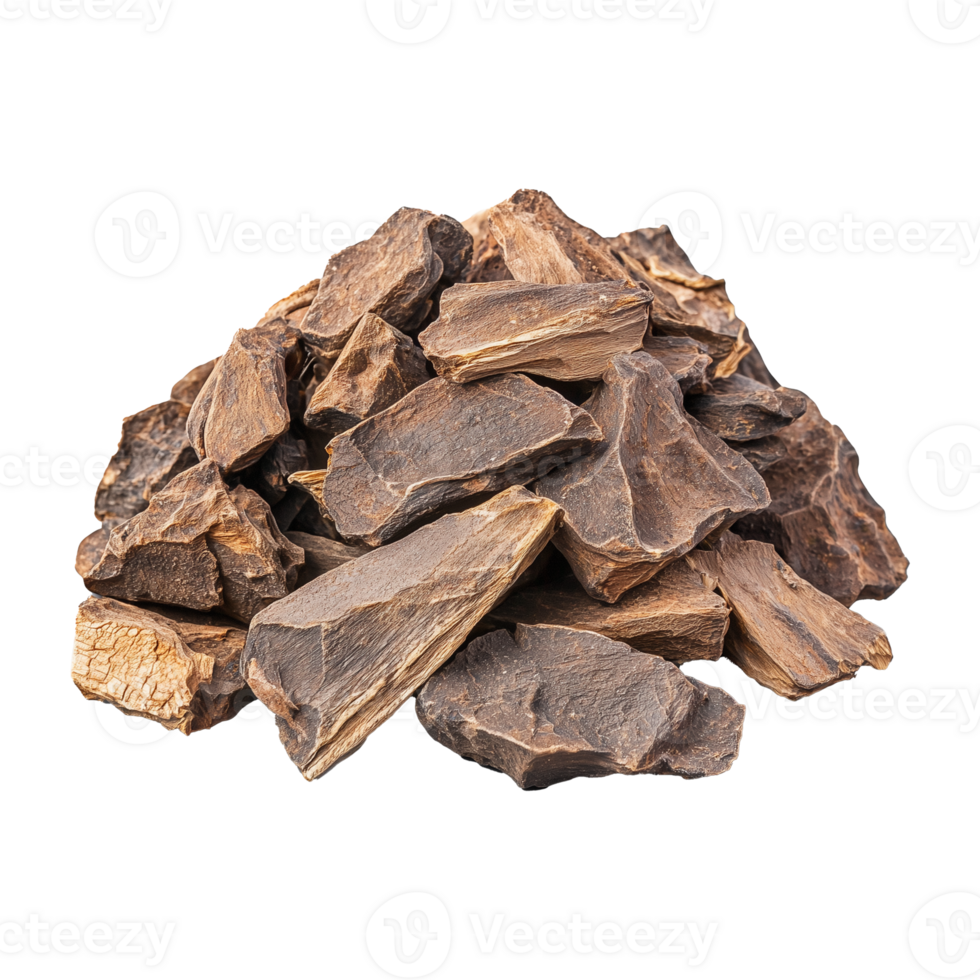 Natural wood chips pieces in various shapes and sizes on transparent background png