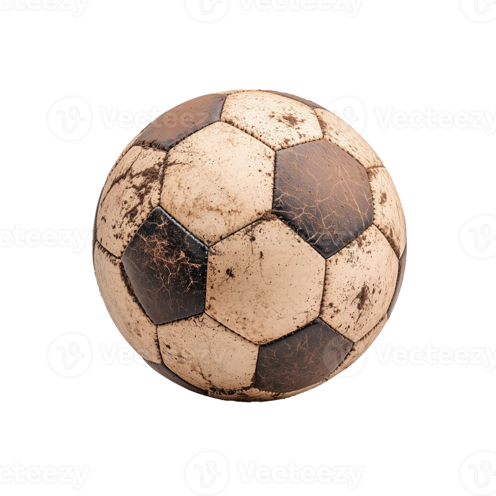 Vintage worn soccer ball with black and white patches on transparent background png