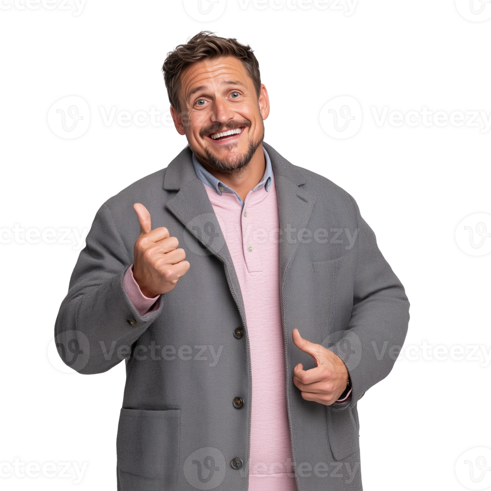 Smiling man in stylish coat giving thumbs up on transparent background png