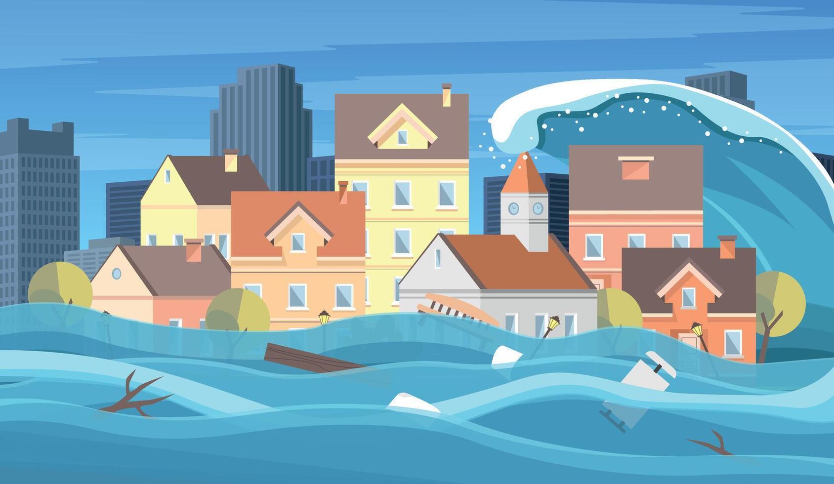 A tsunami hit the city. Global disaster, emergency. Objects are carried away by the water current. vector