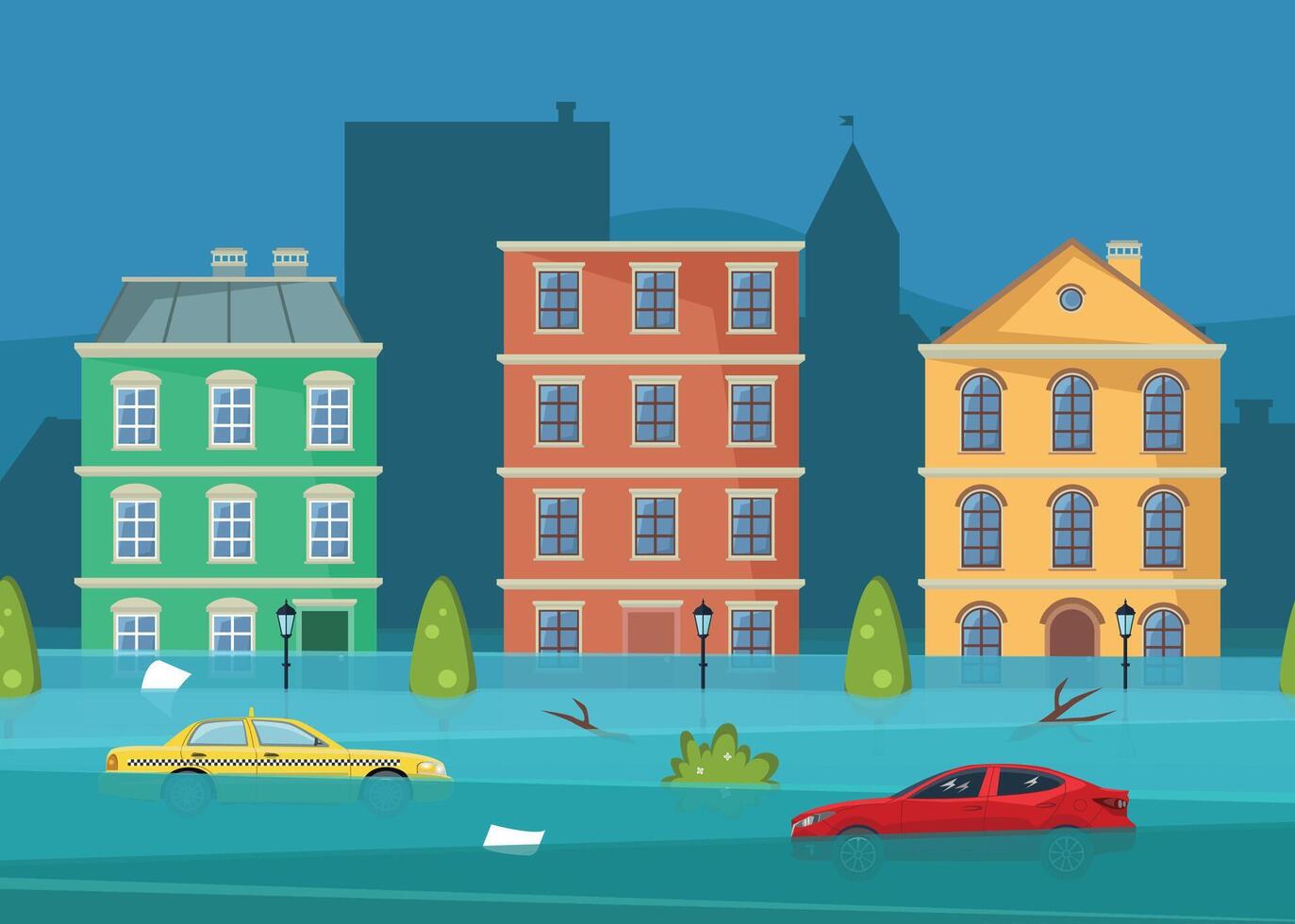 Flooding in the city center with submerged houses, cars and other objects. Emergency or disaster. vector