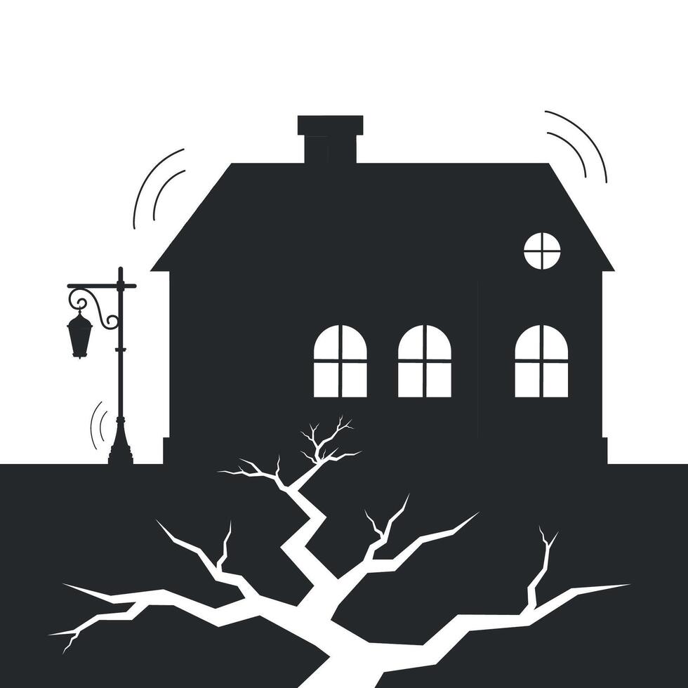 House and street lamp icon during earthquake. Black silhouette. Emergency situation. vector