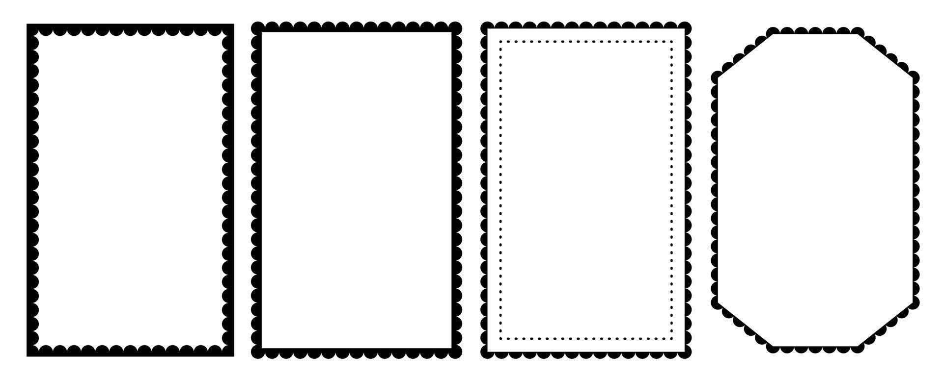 Set of groovy vintage wavy black frame border. Rectangle frill lace edge ornament. Round retro wave doodle framework design. vector