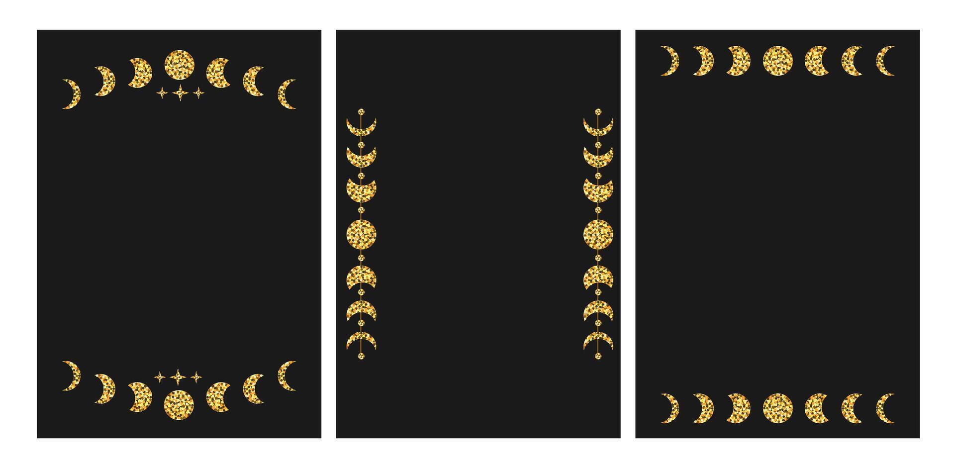 Set of vertical poster mystic glitter magic moon line. Crescent golden shiny moons and stars dividers. Background with astrology ornament. vector