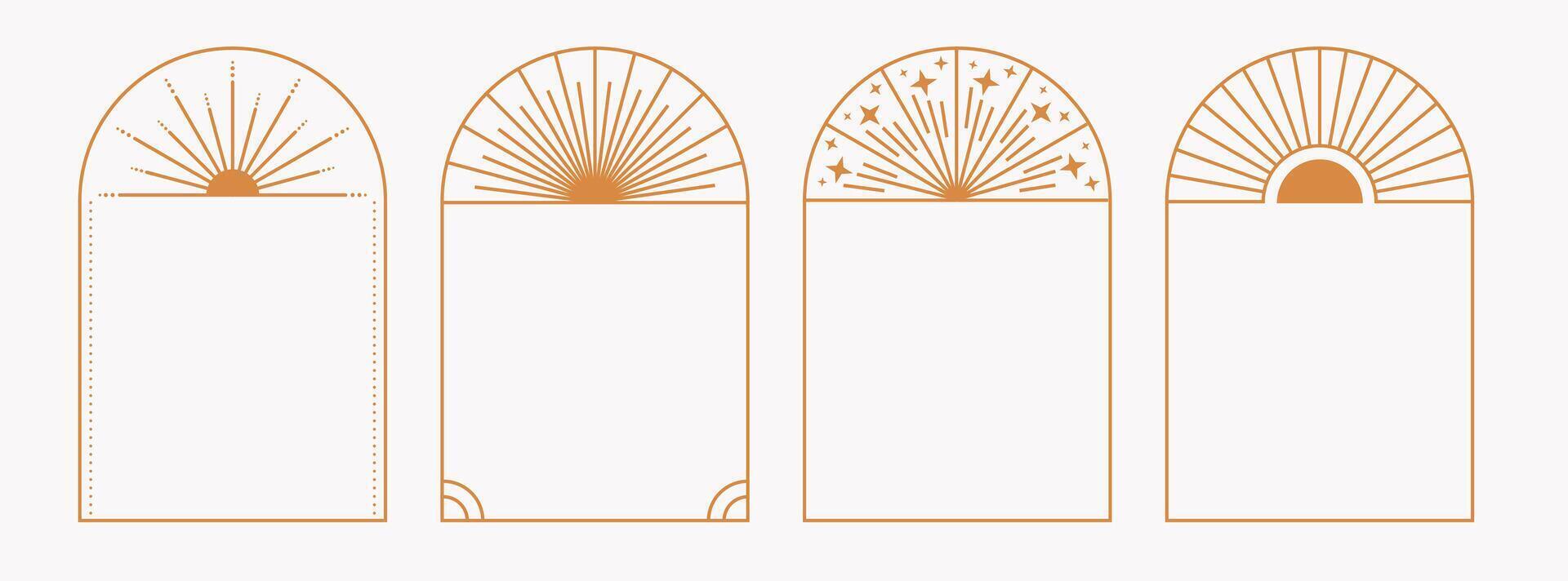 Golden geometric frames with ornament star and sunbeam in art deco style. Minimalistic modern aesthetic linear arch. vector