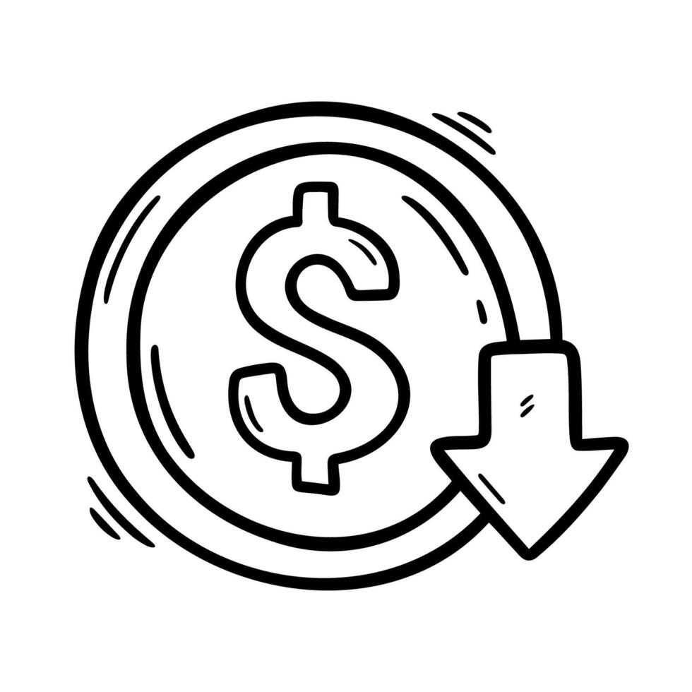 Hand drawn black and white doodle illustration of a dollar coin with a downward arrow, symbolizing decrease or financial loss. vector