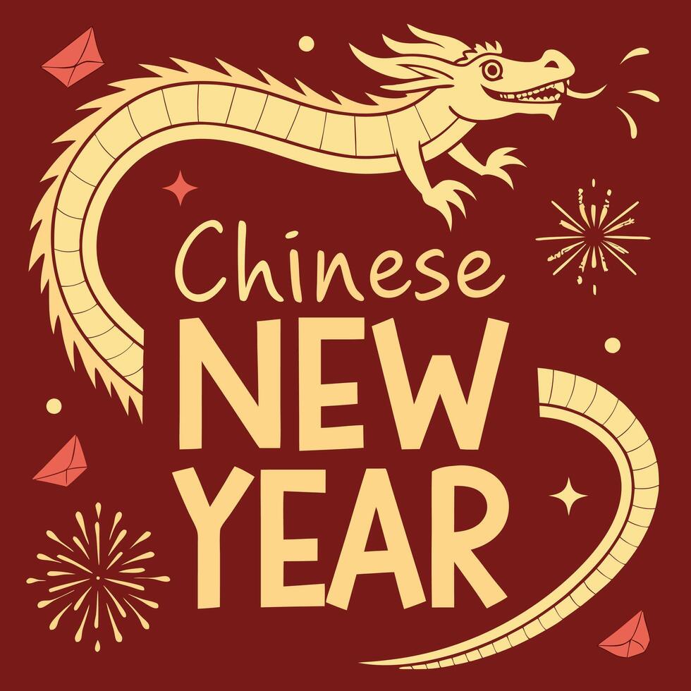 Chinese new year card with dragon and fireworks vector