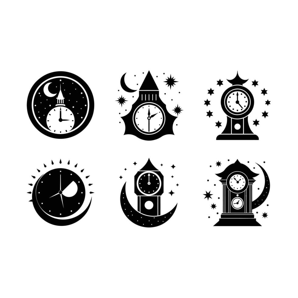 Clock Striking and Linocut Silhouette Design vector