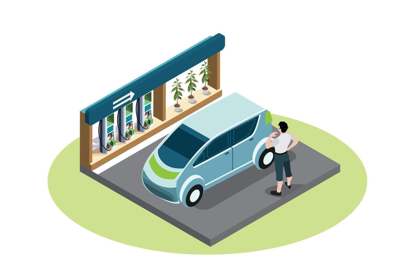Modern Isometric illustration of charging an electric car battery at Dealer, Suitable for Diagrams, Infographics And Other Graphic Related vector