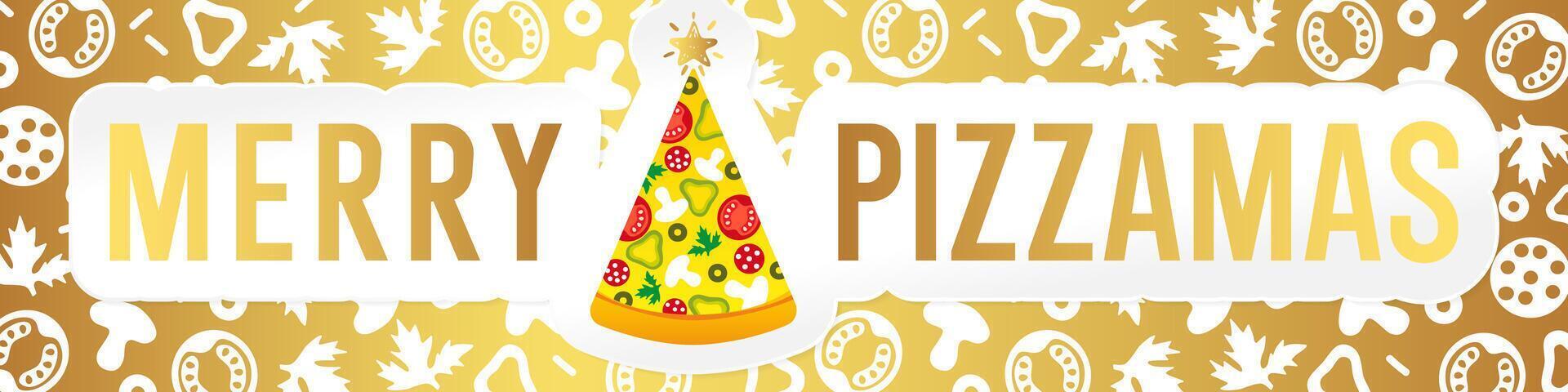 Merry Pizzamas creative greetings. Horizontal banner for Christmas celebration. Golden background with pizza elements and isolated clipping mask. Special offer graphic editable concept. Slice of pizza vector