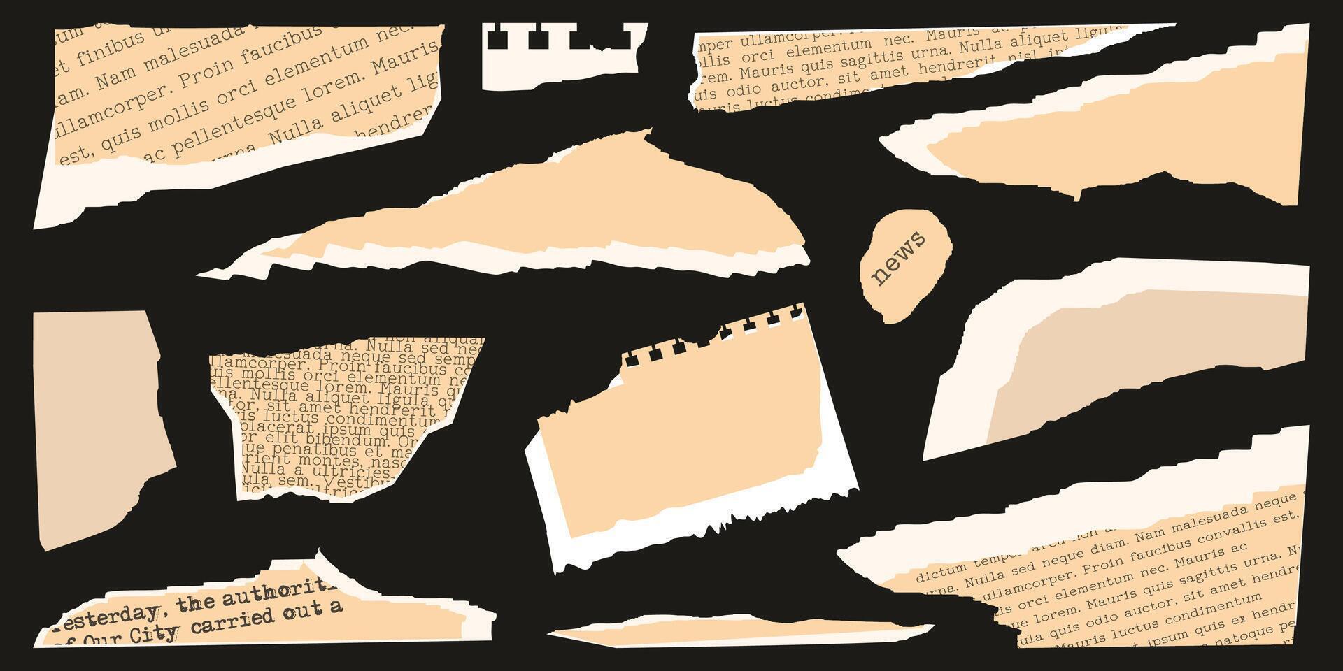 Collage Set elements for scrapbook. Trendy retro vintage paper cut, notebook sheet, newspaper. Old rip torn paper collection. Craft retro gazettes, grunge papers collection. illustration vector
