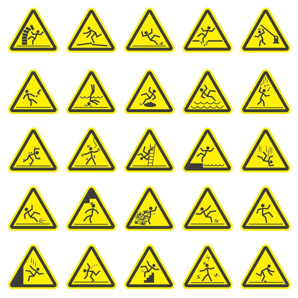 Danger warning signs. Triangular yellow signs. Different types of danger. vector