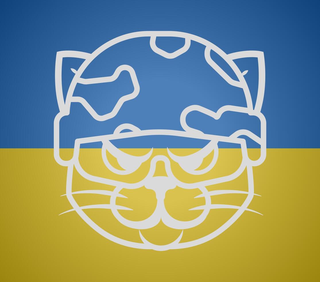 Ukrainian military cat. Serious animal soldier thin line. Character in camouflage. vector