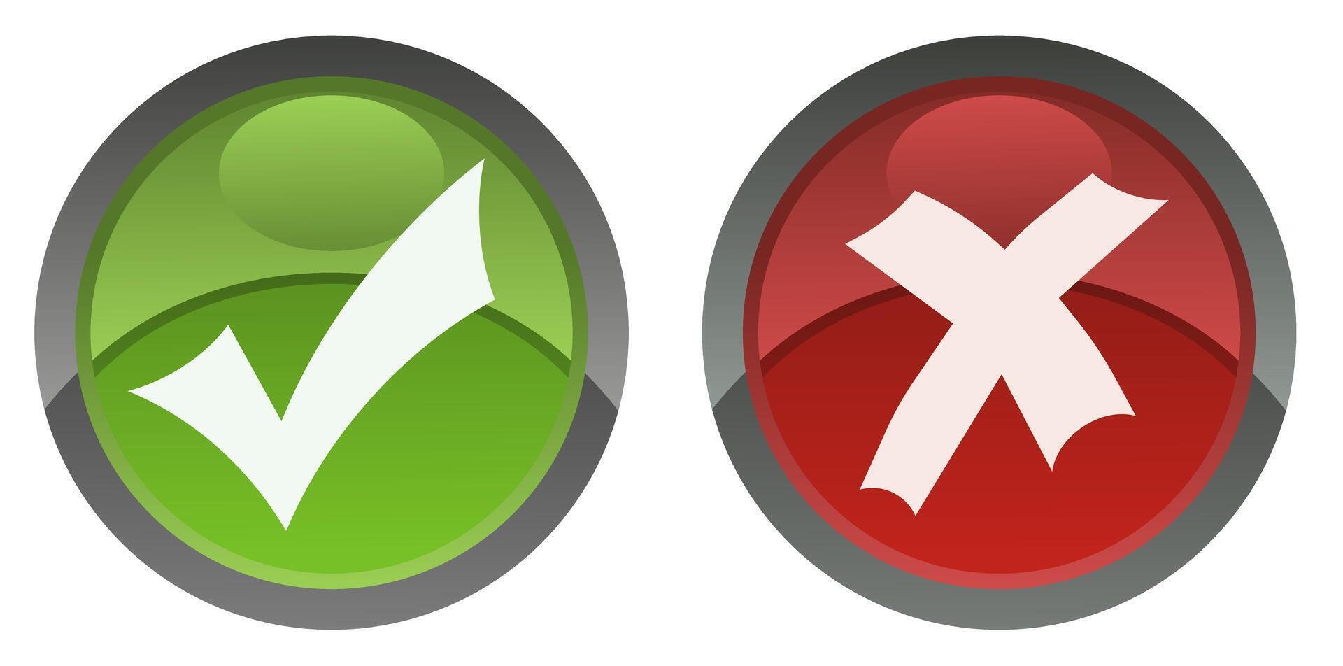 A set of volumetric buttons. Green ticks and red crosses. Round confirmation or cancellation signs. vector