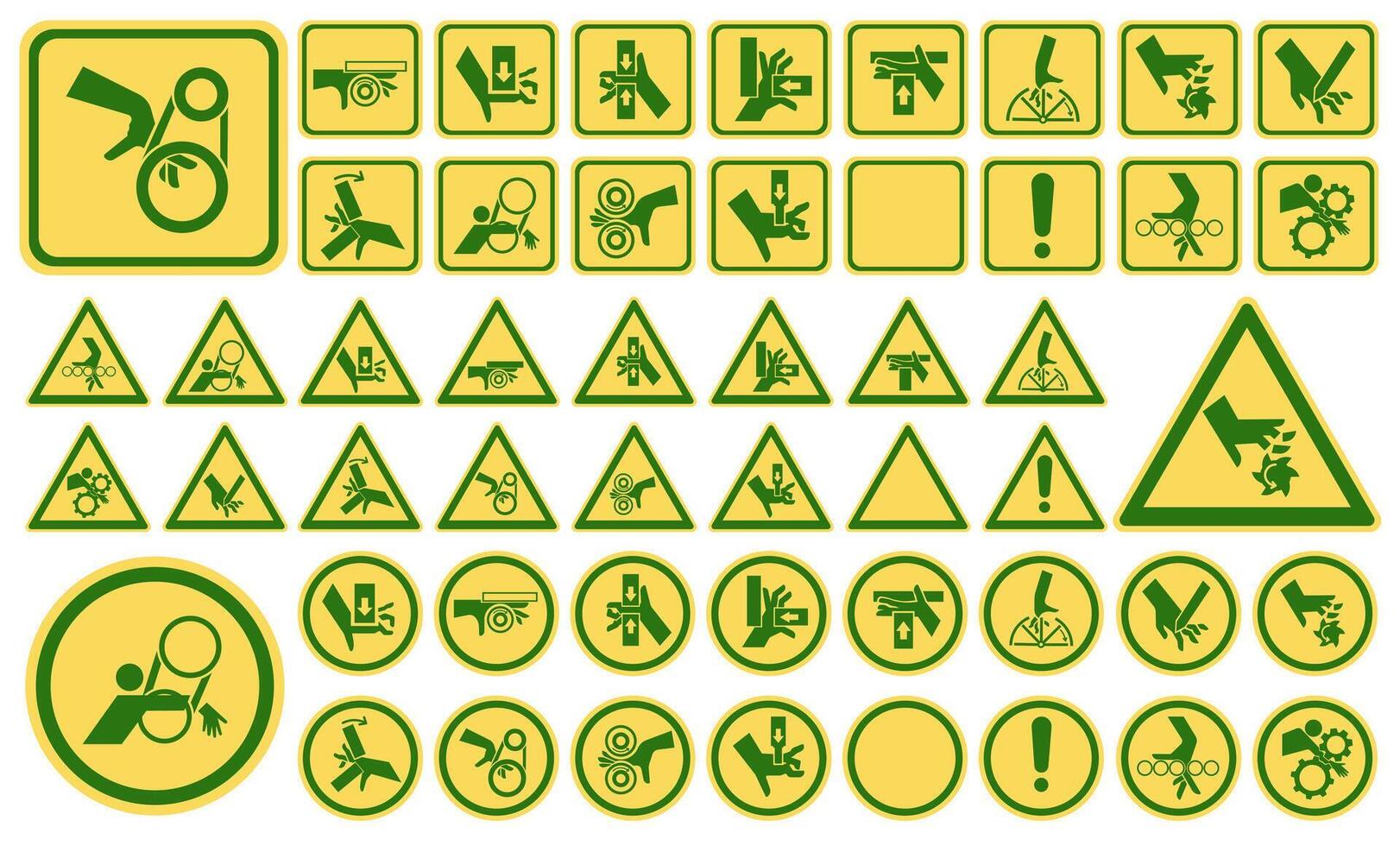Set of ISO warning signs hand crushing force. Be attentive. Hand chewing. Hand mutilation. vector