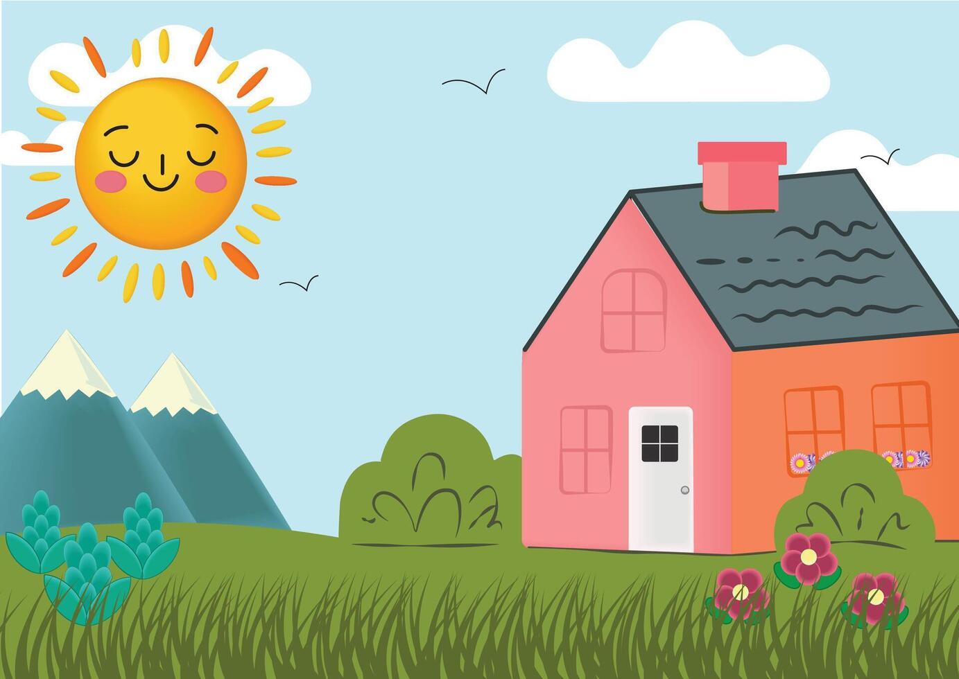 Landscape with house, clouds and grass vector
