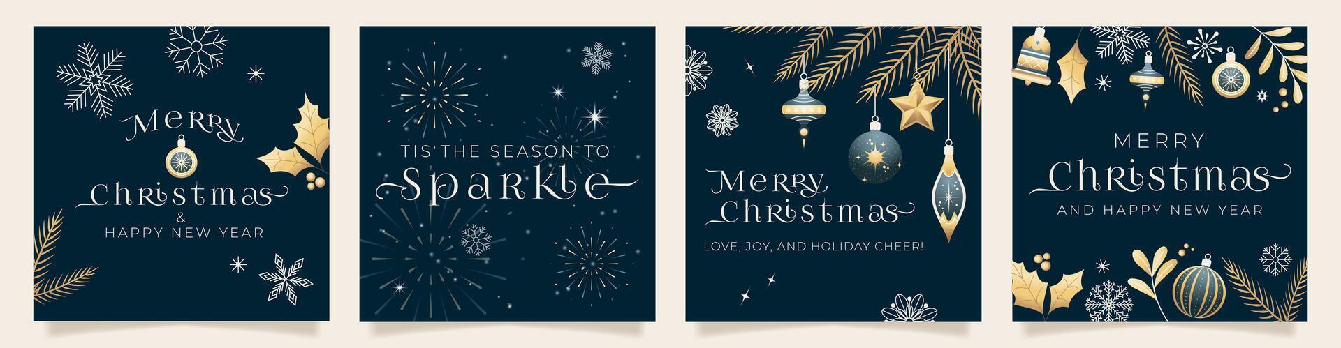 Elegant set of Christmas and New Year cards with gold, white, and navy elements in a festive design. Perfect for holiday greetings, social media posts, invitations, and seasonal promotions. vector