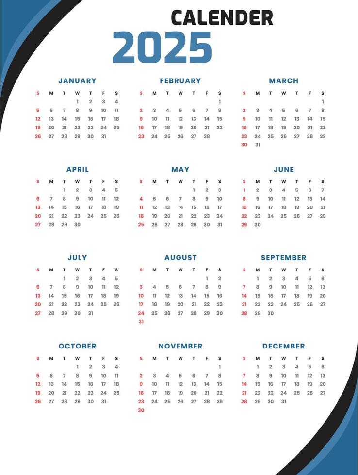 Calendar 2025 in White Background vector