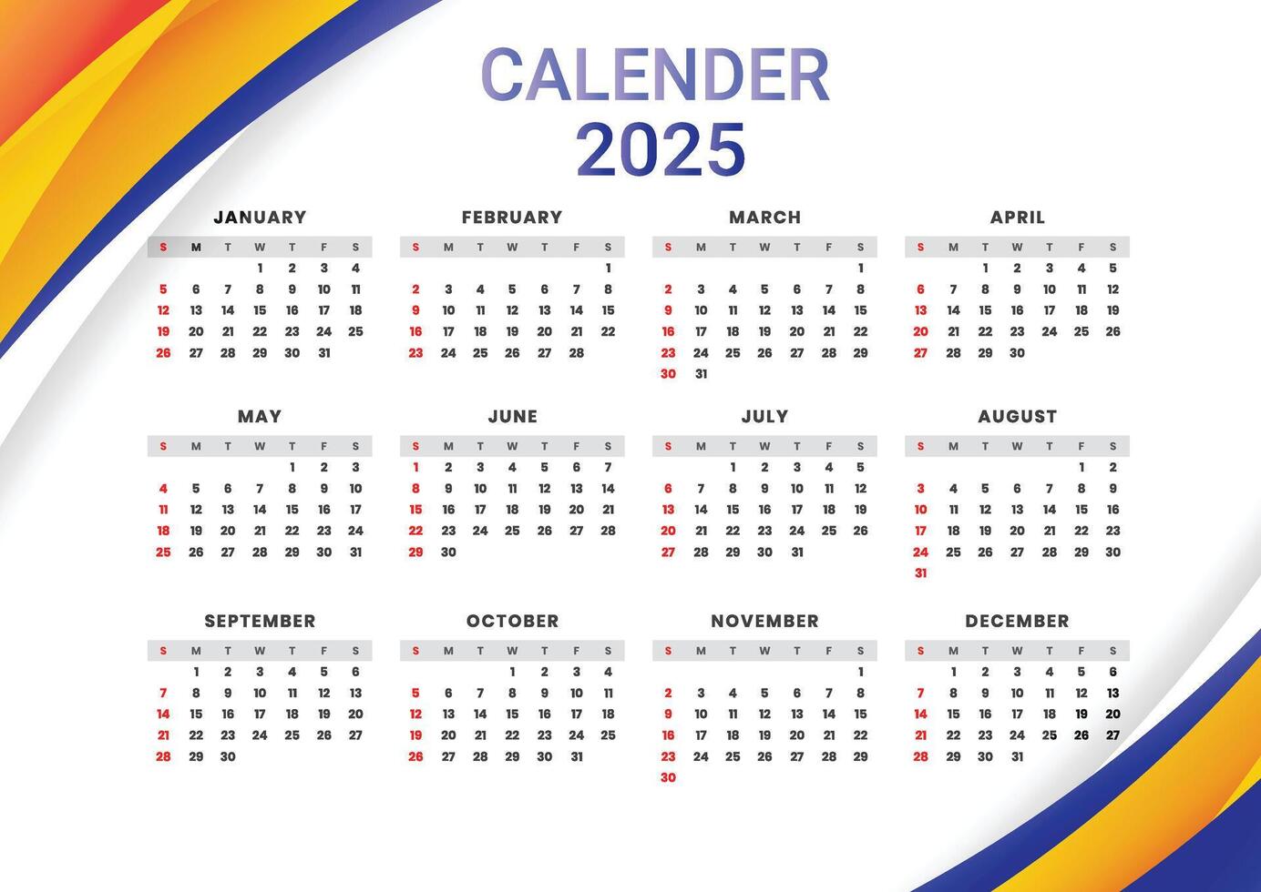 Annual calendar template for 2025 vector