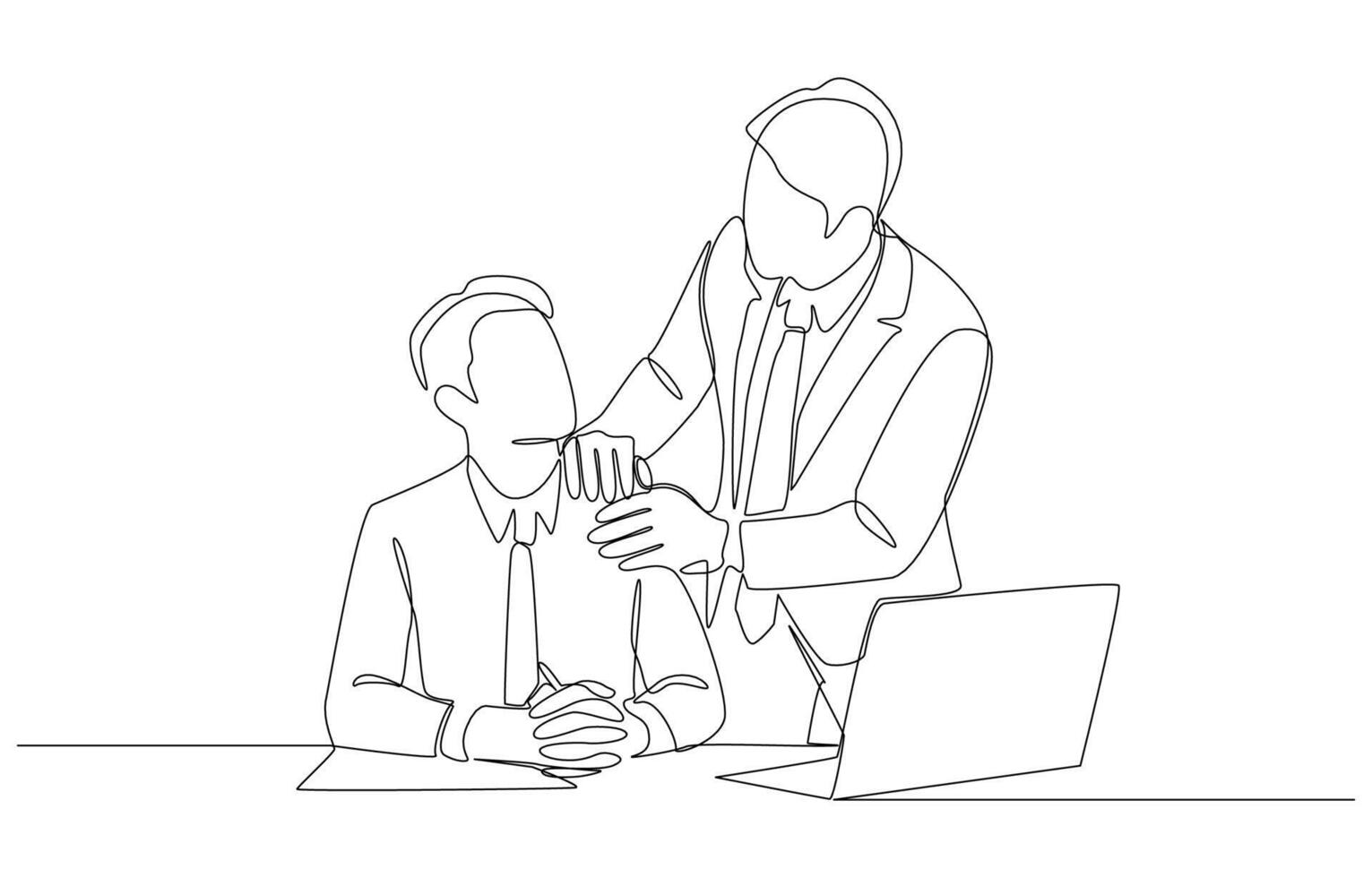 Continuous one line drawing of boss touching employee's shoulder, encouragement at work, single line art. vector