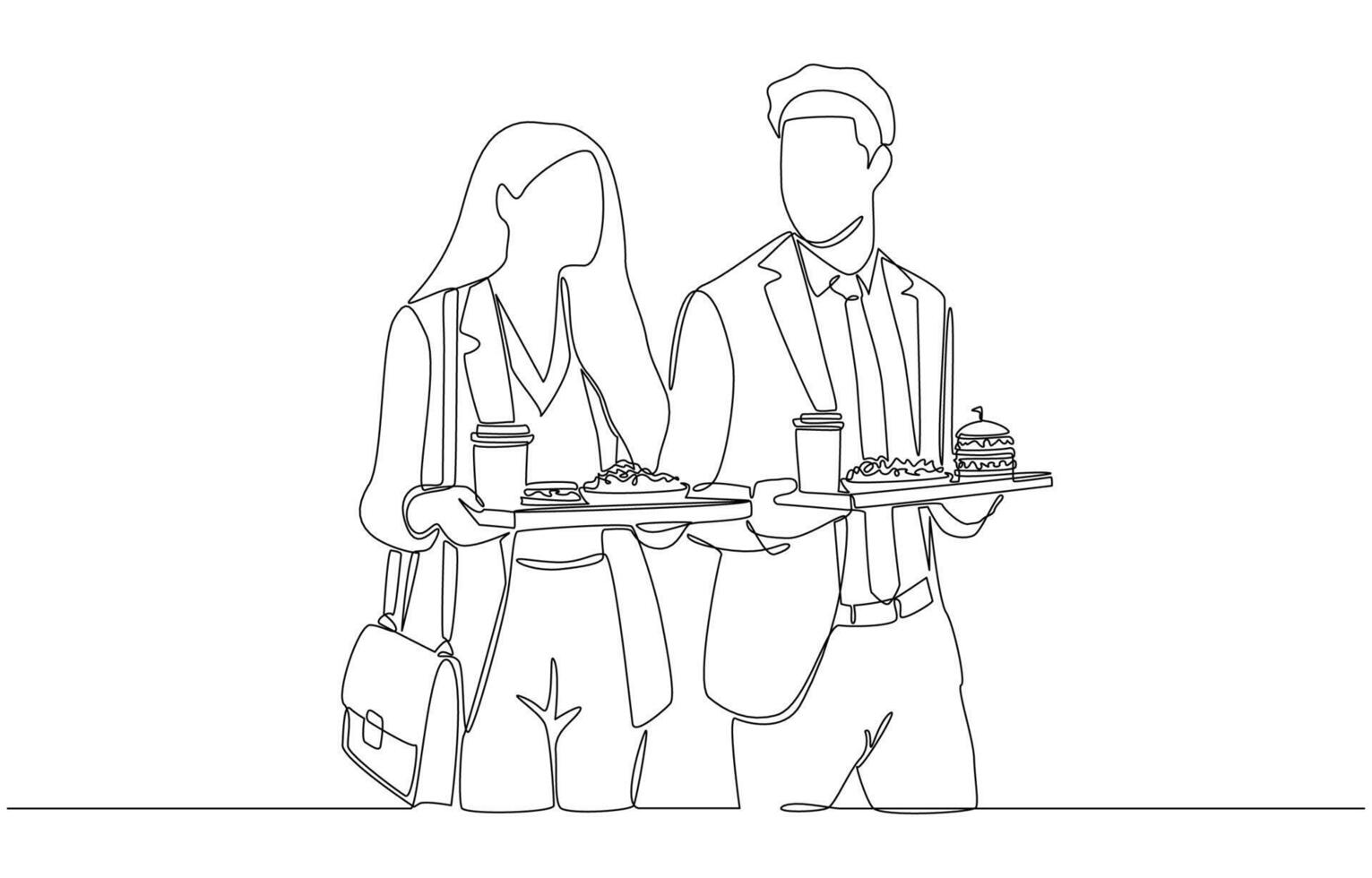 Continuous one line drawing of two office workers walking together while carrying foods and drinks, taking lunch break at company concept, single line art. vector