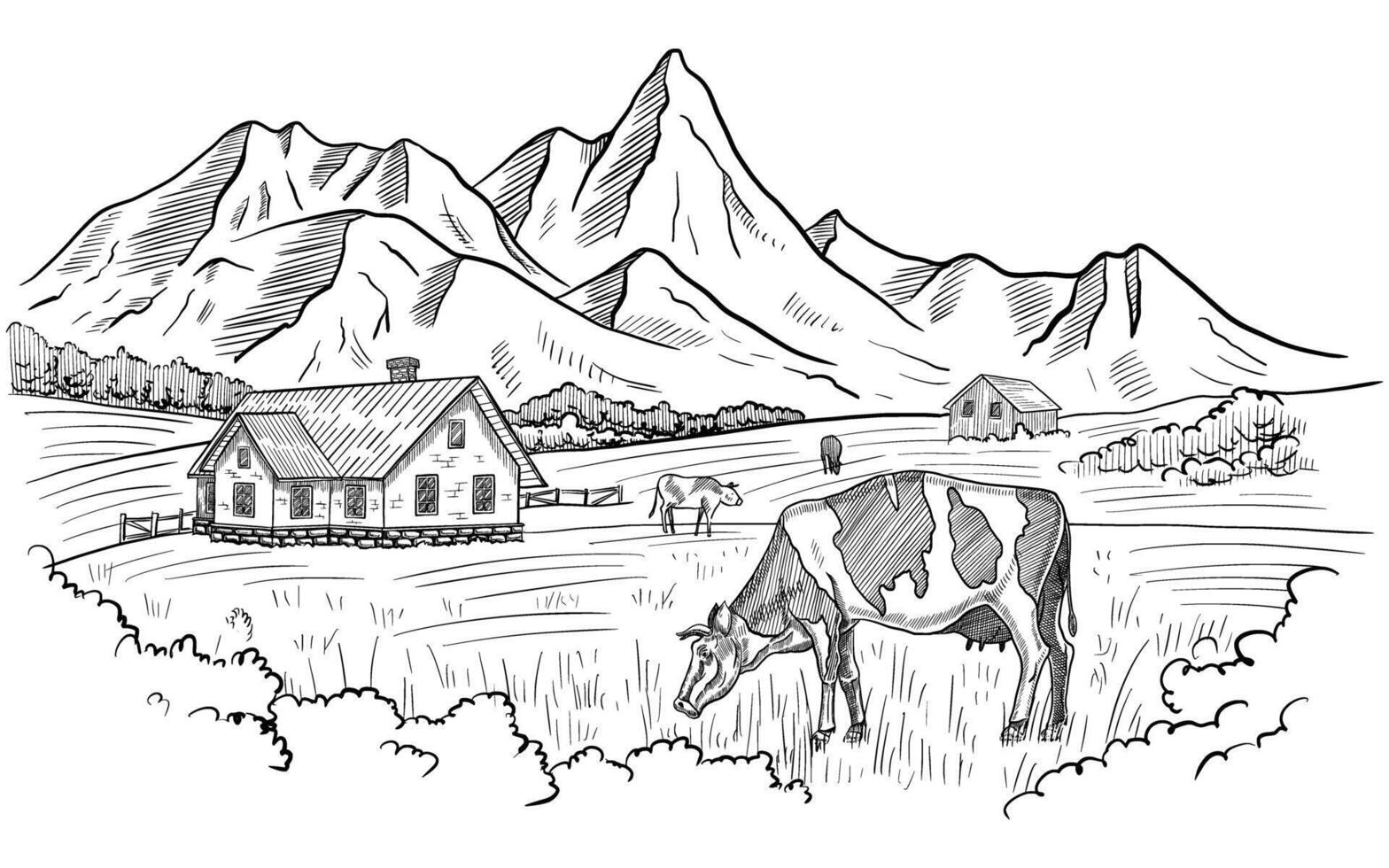 Farm Landscape Illustration with Mountains, Cows, and Cottage in Countryside. illustration of field with animals painted by black inks. Linear Drawing for Rural Themed Designs and Dairy product vector