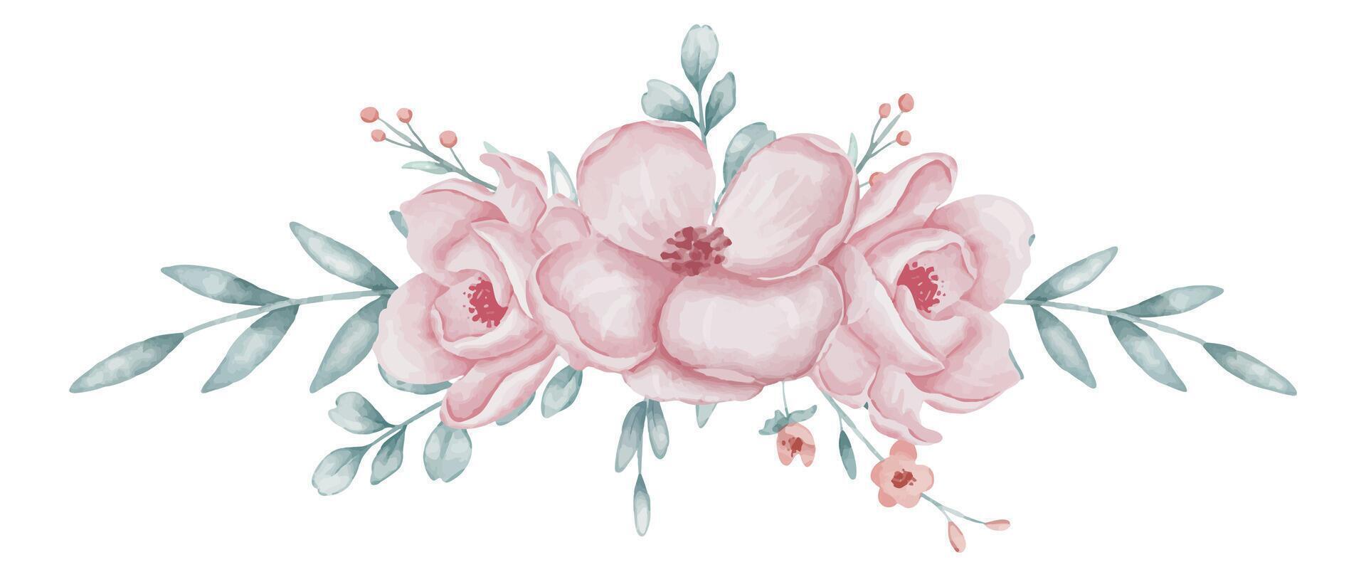 Floral composition with Pink Flowers and green branches. Watercolor illustration with roses for wedding invitations or baby birthday cards in pastel colors. Drawing for childish design. Botanical art. vector
